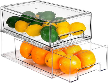 Refrigerator Organizers and Storage, 2 Pack BPA-Free Sturdy Stackable Clear Pull out Drawer Organizer Bins, Fridge Organizers and Storage for Fruit, Produce, Drink, Snack and Food Storage Containers