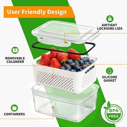 PRAKI Fruit Storage Containers for Fridge with Removable Colander, 5-Pack