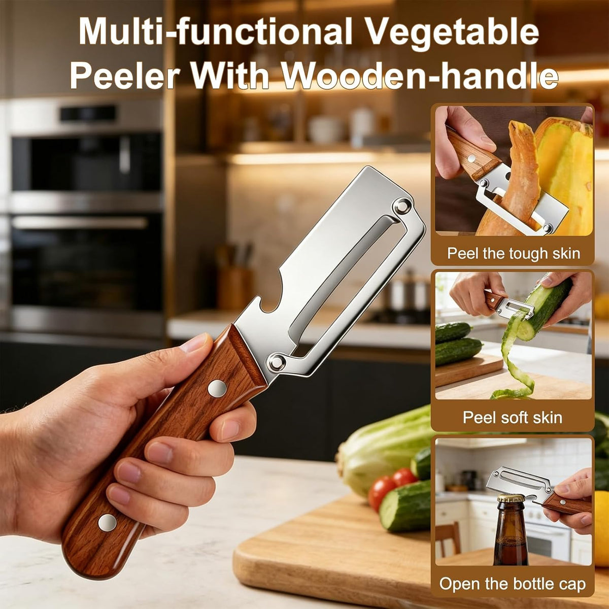 Multifunctional Vegetable Peeler with Wooden Handle for Kitchen
