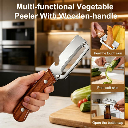 Multifunctional Vegetable Peeler with Wooden Handle for Kitchen