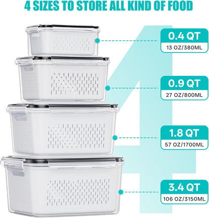 4 Pack Fruit Storage Containers for Fridge Set, BPA Free Produce Containers