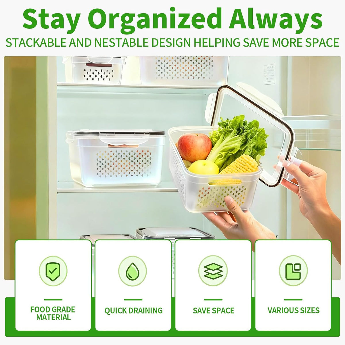 PRAKI Fruit Storage Containers for Fridge with Removable Colander, 5-Pack