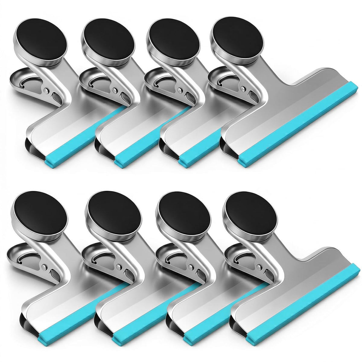 HOUSE AGAIN 4 Pack Stainless Steel Magnetic Chip Bag Clips Covered with Silicone - NO More Sharp Edges - Color Coded for Food Bags - Hang Postcards Heavy Duty for Kitchen and Office, 3 Inches Wide