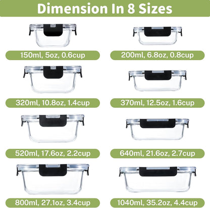 8 Pack Glass Food Storage Containers with Snap Locking Lids for Meal Prep