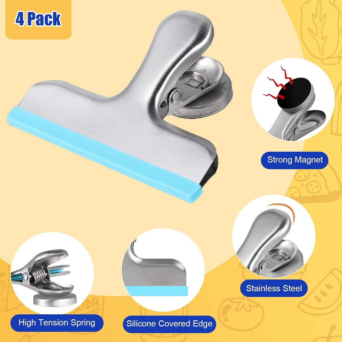 HOUSE AGAIN 4 Pack Stainless Steel Magnetic Chip Bag Clips Covered with Silicone - NO More Sharp Edges - Color Coded for Food Bags - Hang Postcards Heavy Duty for Kitchen and Office, 3 Inches Wide