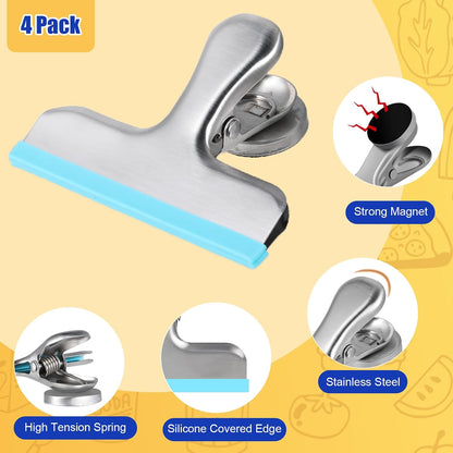 HOUSE AGAIN 4 Pack Stainless Steel Magnetic Chip Bag Clips Covered with Silicone - NO More Sharp Edges - Color Coded for Food Bags - Hang Postcards Heavy Duty for Kitchen and Office, 3 Inches Wide