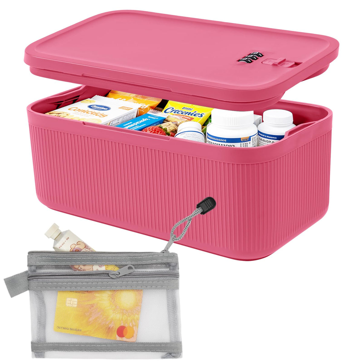 Lock Box for Medication, Medicine Lock Box with Small Mesh Zipper Pouch, Lockable Storage Box with Code for Phone Medicine Snack, BPA-Free Lock Box for Fridge, Home, Office, School, Gift