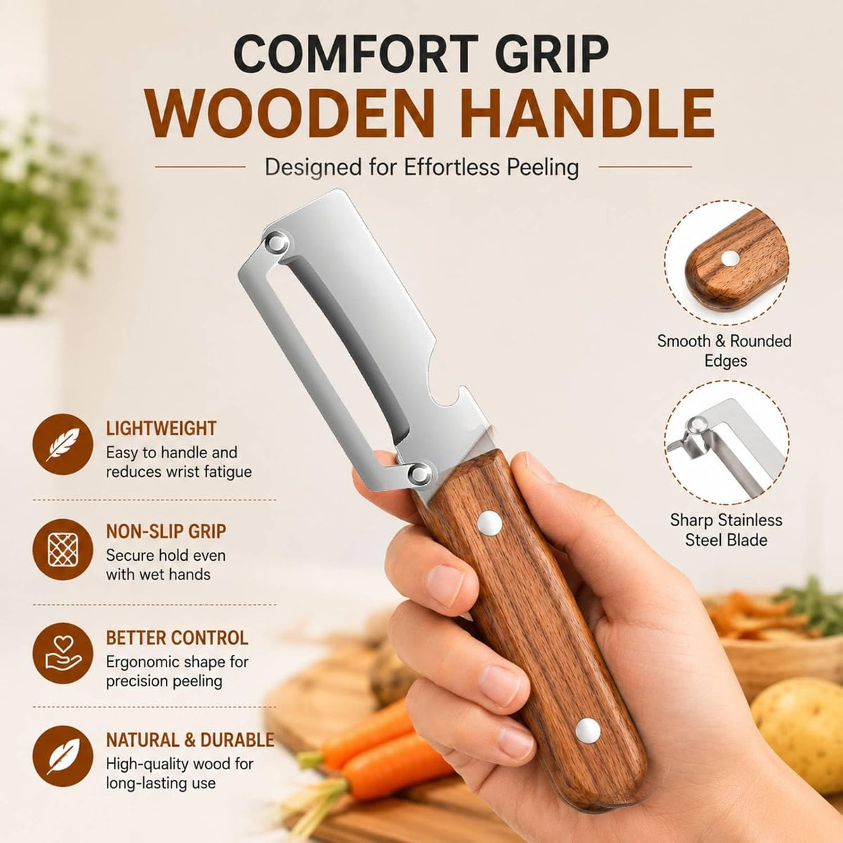 2PCS Multifunctional Vegetable Peeler, Stainless Steel Peeler with Wooden Handle, Fruit and Vegetable Peeler for Kitchen, Handheld Kitchen Peeler for Potato, Carrot, Apple