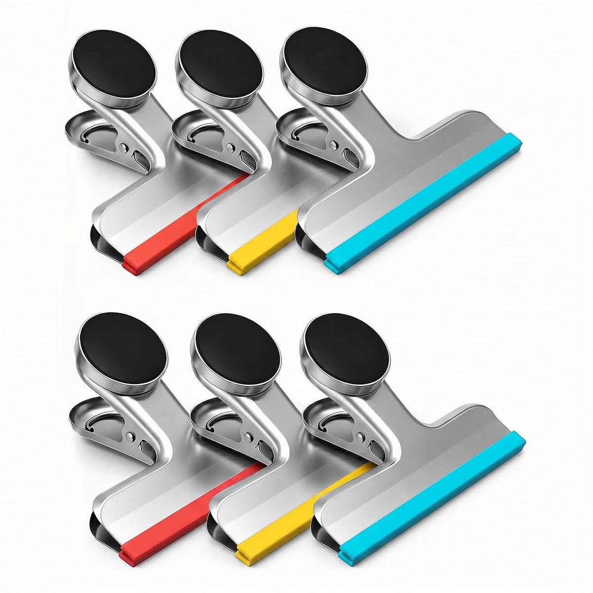 HOUSE AGAIN 4 Pack Stainless Steel Magnetic Chip Bag Clips Covered with Silicone - NO More Sharp Edges - Color Coded for Food Bags - Hang Postcards Heavy Duty for Kitchen and Office, 3 Inches Wide