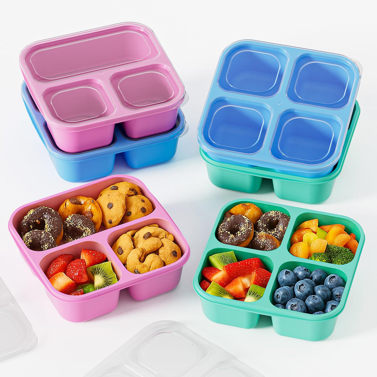 Canfanni 4 Pcs Bento Box Set, Reusable 3 Compartments Snack Boxes with 2 Leakproof Small Containers, Stackable Meal Prep Lunch Containers for School, Work, and Travel