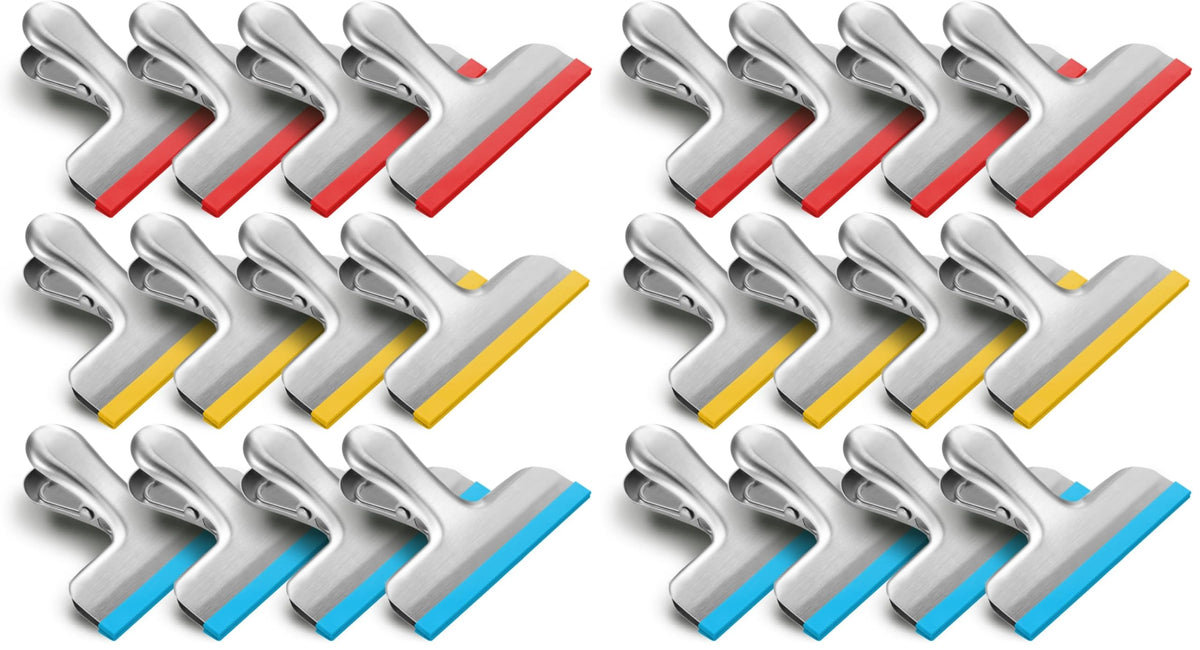 HOUSE AGAIN 12 Pack Stainless Steel Chip Bag Clips Covered with Silicone - NO More Sharp Edges - Color Coded for Food Bags - Air Tight Seal, Heavy Duty for Kitchen and Office, 3 Inches