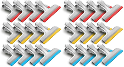 HOUSE AGAIN 12 Pack Stainless Steel Chip Bag Clips Covered with Silicone - NO More Sharp Edges - Color Coded for Food Bags - Air Tight Seal, Heavy Duty for Kitchen and Office, 3 Inches