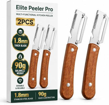 elite peeler and shredder, 2PCS Vegetable Peeler, 1.8mm Thickened Stainless Steel Blade, 3-in-1 Kitchen Peeler with Wood Handle for Peeling, Shredding & Bottle Opening, Potato, Carrot & Fruit