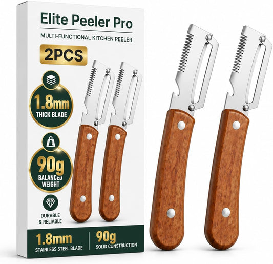 elite peeler and shredder, 2PCS Vegetable Peeler, 1.8mm Thickened Stainless Steel Blade, 3-in-1 Kitchen Peeler with Wood Handle for Peeling, Shredding & Bottle Opening, Potato, Carrot & Fruit