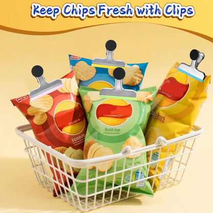 HOUSE AGAIN 4 Pack Stainless Steel Magnetic Chip Bag Clips Covered with Silicone - NO More Sharp Edges - Color Coded for Food Bags - Hang Postcards Heavy Duty for Kitchen and Office, 3 Inches Wide