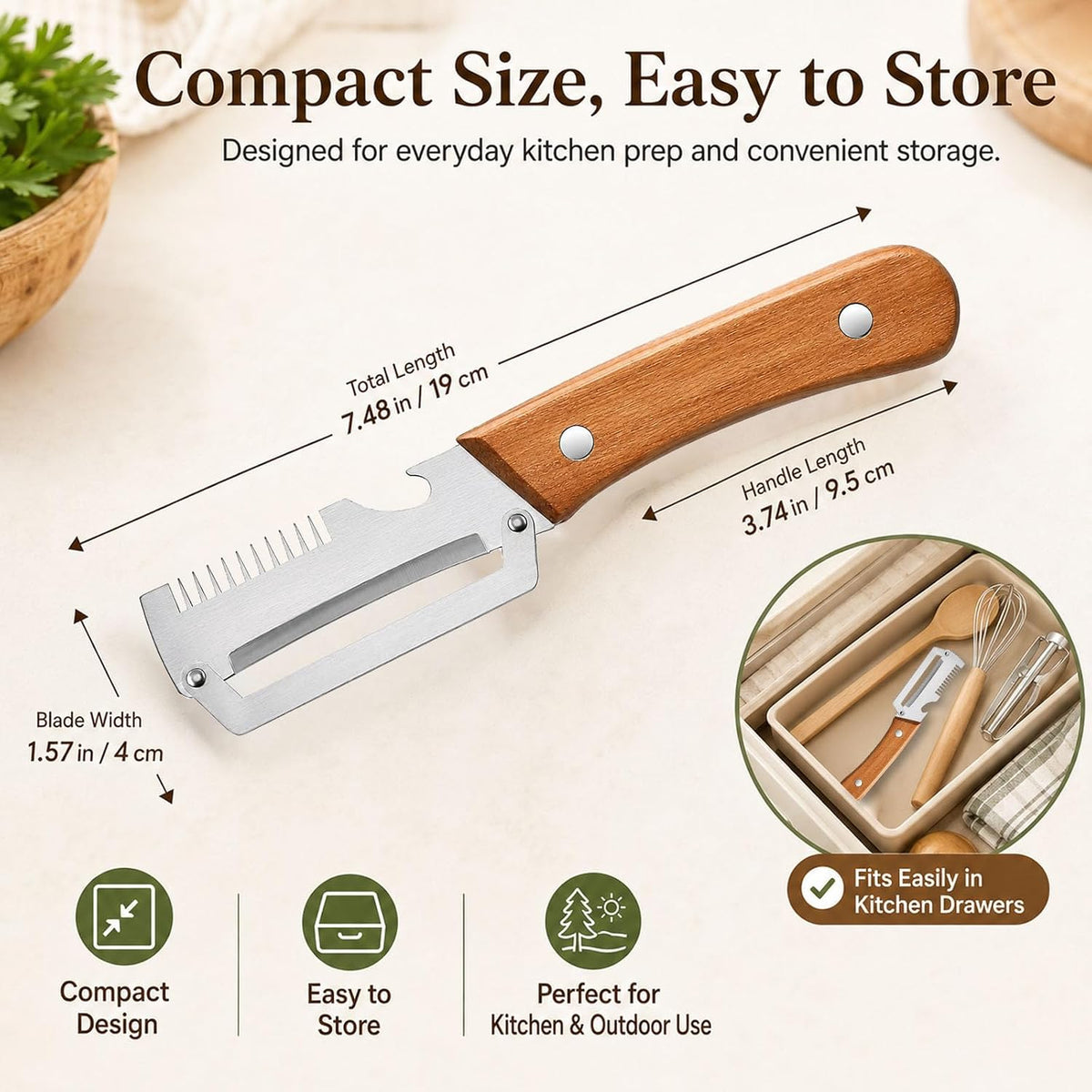 2026 upgrade 3-in-1 Vegetable Peeler with Wooden Handle, Stainless Steel Julienne Peeler and Scallion Shredder with Bottle Opener, Multi-Function Kitchen Peeler for Everyday Prep（1PCS)