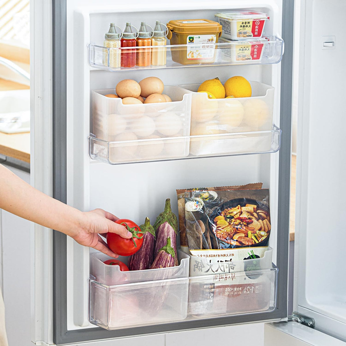 3 Pack Refrigerator Organizer Box, Plastic Refrigerator Side Door Storage Containers, Space-Saving Organizer Bins for Fridge, Refrige Drawers for Fruit and Vegetable (Clear,S*3)