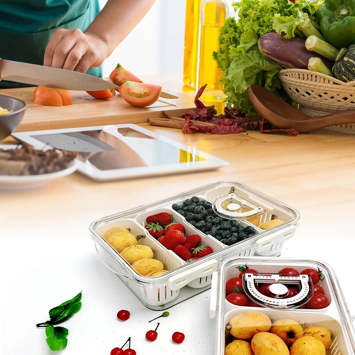 MANO Divided Snackle Box Charcuterie Container with 4 Compartment Serving Tray with Dividers for Fridge Refrigerator Veggie Fruit Berry Salad Storage(1 Pack)