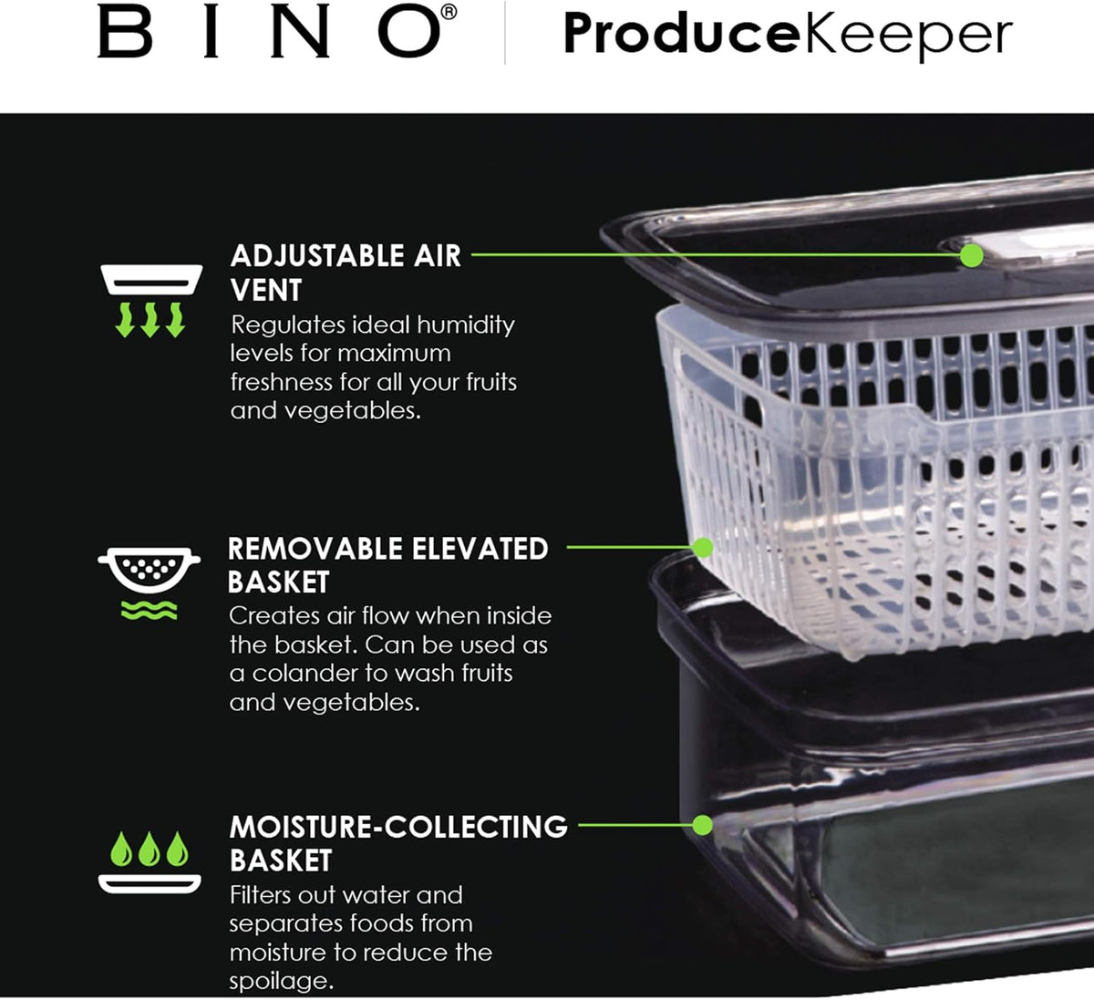 BINO | Produce Saver - 15.2 Cup/3.6L | Fridge Storage Containers for Fruits and Vegetables | Vegetable Storage with Adjustable Air Vent, Removable Basket | BPA-Free Fridge Organizers and Storage