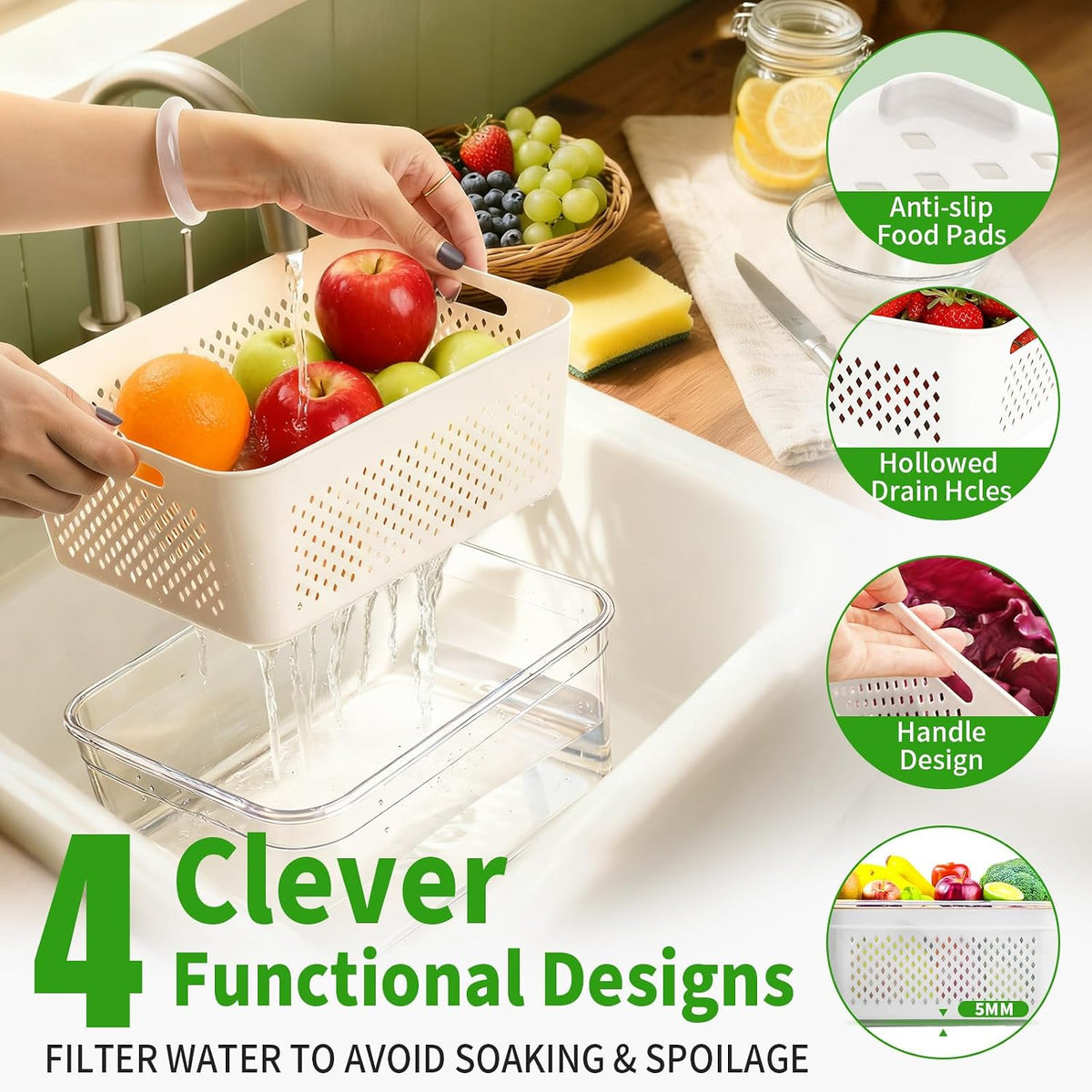 PRAKI Fruit Storage Containers for Fridge with Removable Colander, 5-Pack