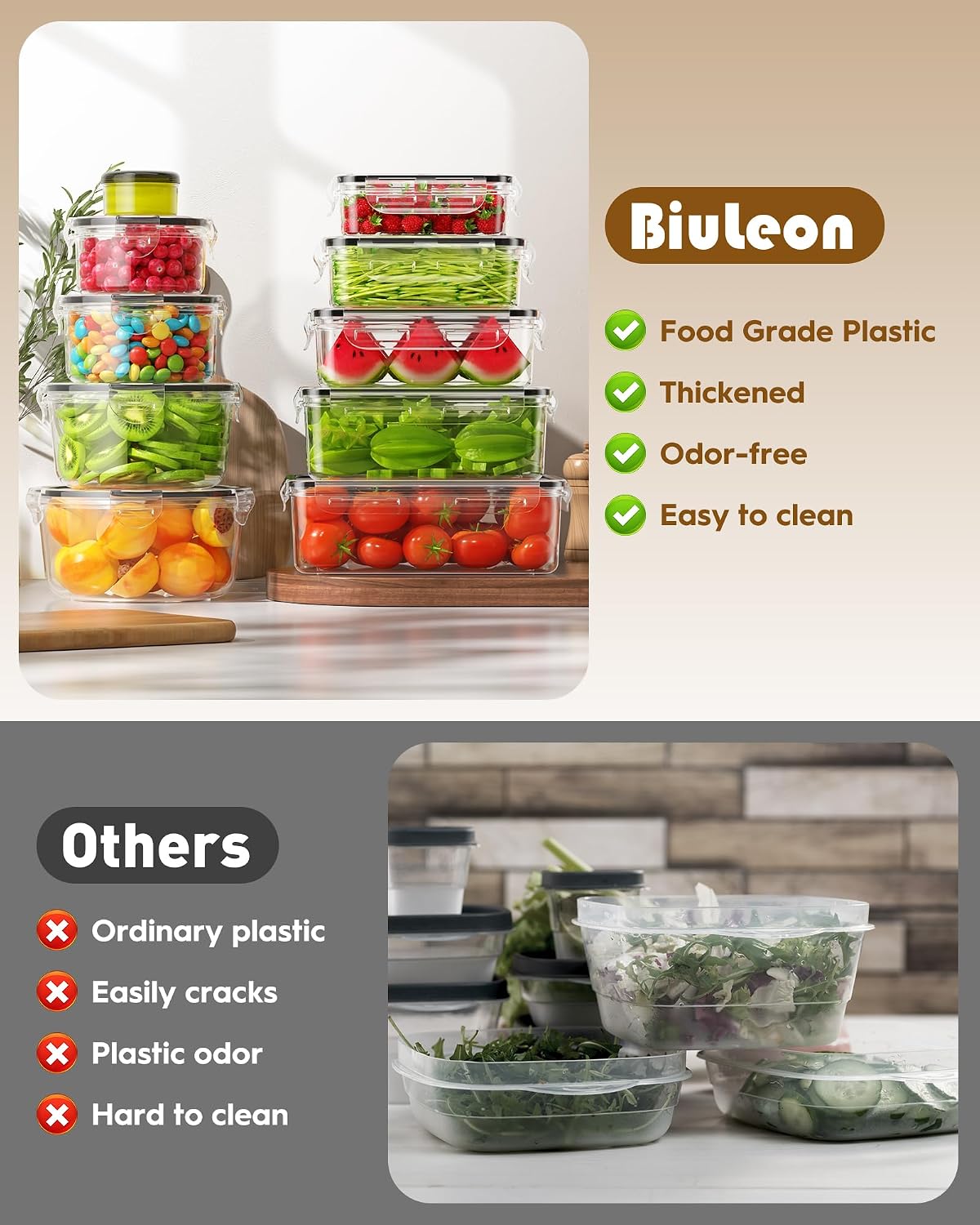 BiuLeon 40 PCS Food Storage Containers with Airtight Lids, BPA-free Plastic