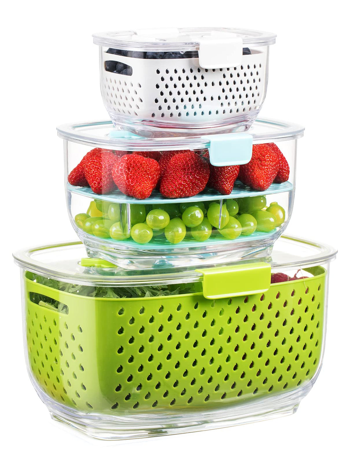 LUXEAR Fresh Produce Vegetable Fruit Storage Containers 3Piece Set, BPA-free, Partitioned Salad Container, Fridge Organizers, Used in Storing Fruits Vegetables, White