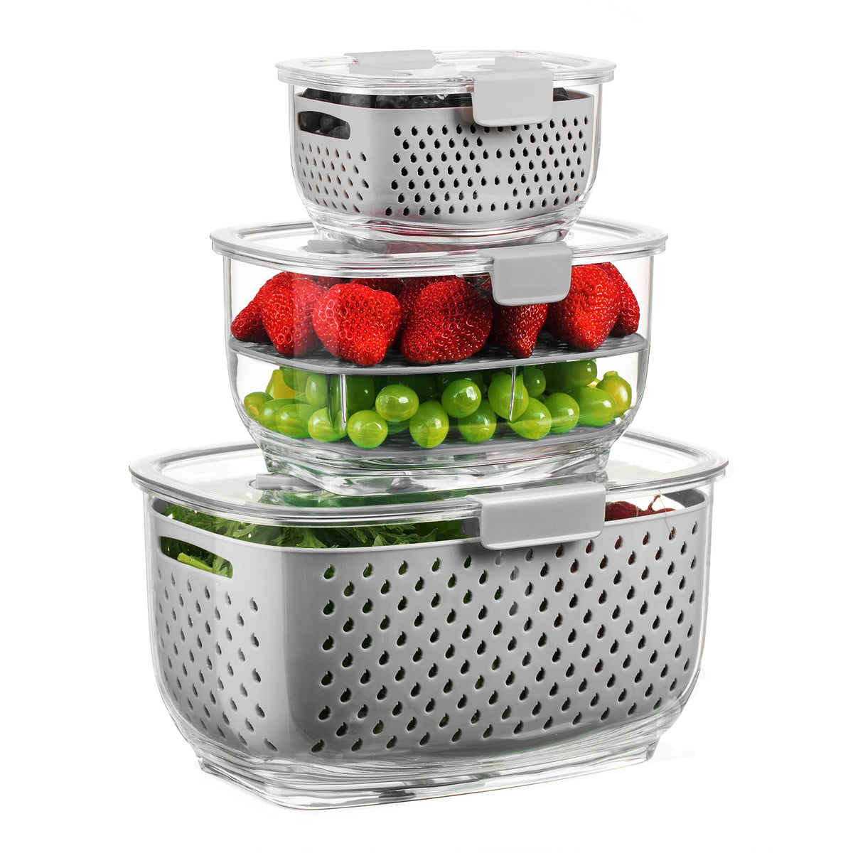 LUXEAR Fresh Produce Vegetable Fruit Storage Containers 3Piece Set, BPA-free, Partitioned Salad Container, Fridge Organizers, Used in Storing Fruits Vegetables, White