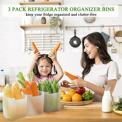 3 Pack Refrigerator Organizer Box, Plastic Refrigerator Side Door Storage Containers, Space-Saving Organizer Bins for Fridge, Refrige Drawers for Fruit and Vegetable (Clear,S*3)