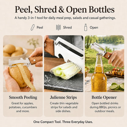 2026 upgrade 3-in-1 Vegetable Peeler with Wooden Handle, Stainless Steel Julienne Peeler and Scallion Shredder with Bottle Opener, Multi-Function Kitchen Peeler for Everyday Prep（1PCS)