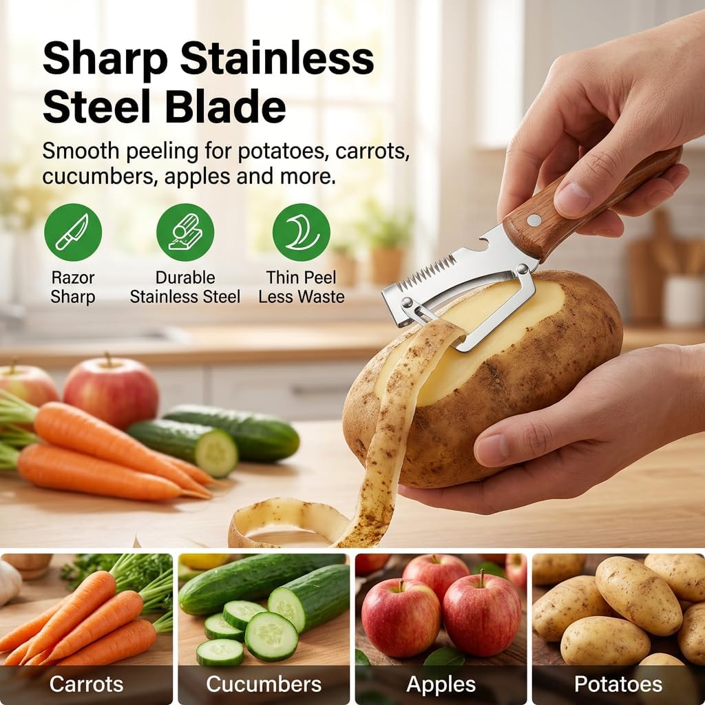 elite peeler and shredder, 2PCS Vegetable Peeler, 1.8mm Thickened Stainless Steel Blade, 3-in-1 Kitchen Peeler with Wood Handle for Peeling, Shredding & Bottle Opening, Potato, Carrot & Fruit