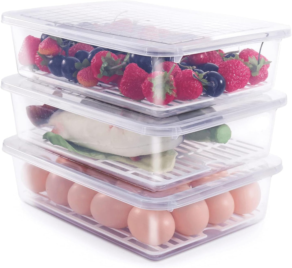 77L Fruit Storage Containers for Fridge, Rectangle Plastic Food Storage Containers with Lids, 3-Pack Deli Meat Container with Removable Drain Plate, Stackable Produce Keeper in Seafood & Berries
