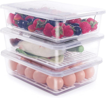 77L Fruit Storage Containers for Fridge, Rectangle Plastic Food Storage Containers with Lids, 3-Pack Deli Meat Container with Removable Drain Plate, Stackable Produce Keeper in Seafood & Berries