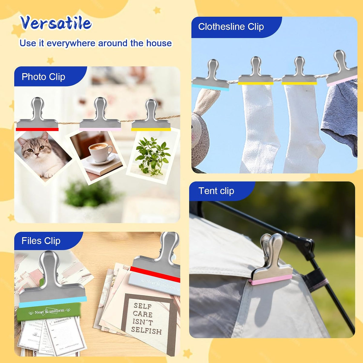 HOUSE AGAIN 4 Pack Stainless Steel Magnetic Chip Bag Clips Covered with Silicone - NO More Sharp Edges - Color Coded for Food Bags - Hang Postcards Heavy Duty for Kitchen and Office, 3 Inches Wide