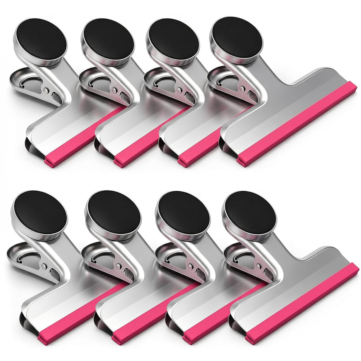HOUSE AGAIN 4 Pack Stainless Steel Magnetic Chip Bag Clips Covered with Silicone - NO More Sharp Edges - Color Coded for Food Bags - Hang Postcards Heavy Duty for Kitchen and Office, 3 Inches Wide
