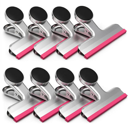 HOUSE AGAIN 4 Pack Stainless Steel Magnetic Chip Bag Clips Covered with Silicone - NO More Sharp Edges - Color Coded for Food Bags - Hang Postcards Heavy Duty for Kitchen and Office, 3 Inches Wide