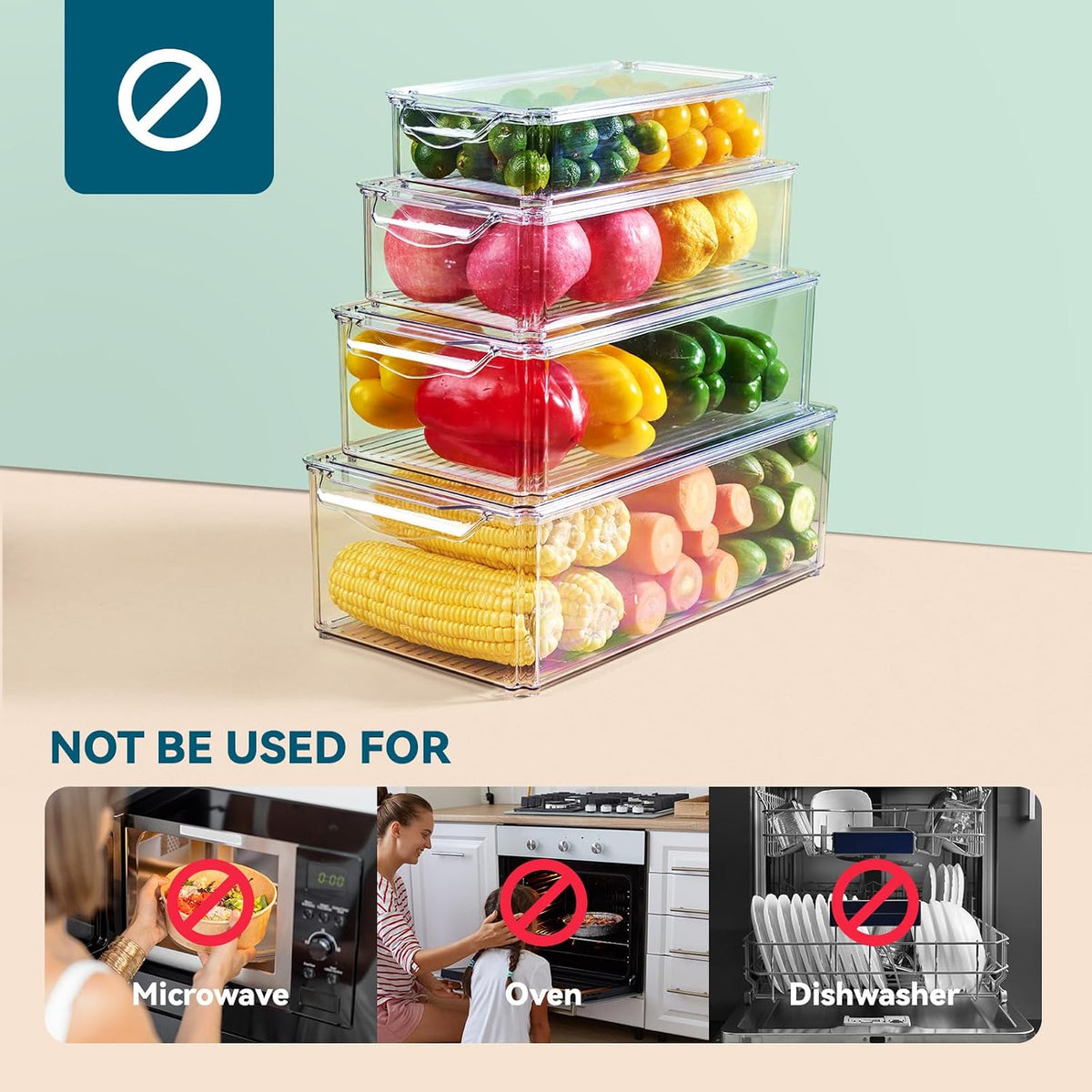 4 Piece Refrigerator Organizer Bins, Clear Fridge Organizers with Lids