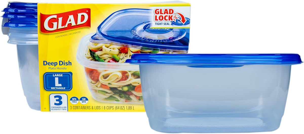 Glad GladWare Deep Dish Food Storage Containers, 64 Oz, 3 Count
