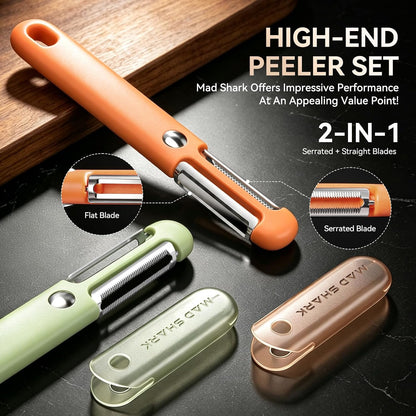 MAD SHARK 2-Pack 2-in-1 Potato Peelers, Straight & Serrated Blades