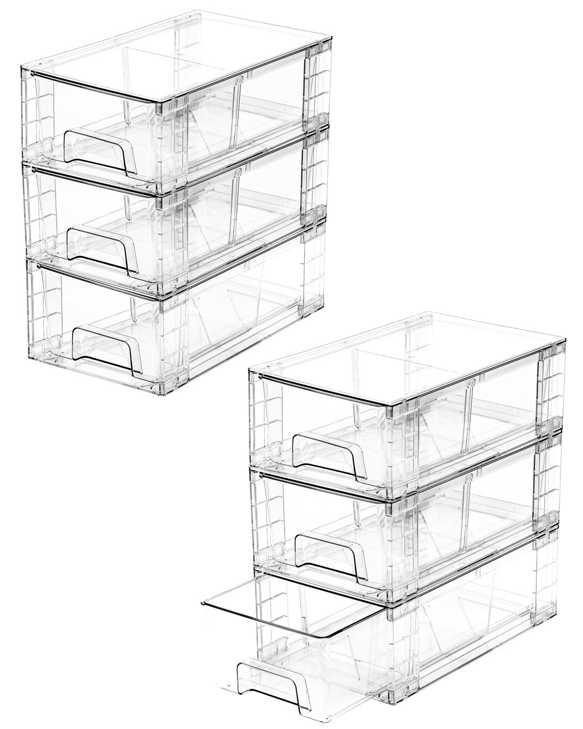 2 Pack Stackable Storage Drawers,Plastic Organizers Bins, Drawers Storage with Handles and Movable Dividers for Organization and Storage in Fridge,Bathroom, Pantry, Kitchen Cabinets, Under Sink