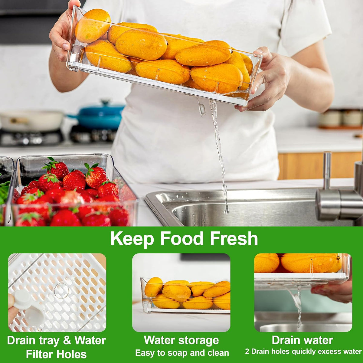 Fruit Storage Containers for Fridge with Pull-Out Organizer Bins, 4 pack