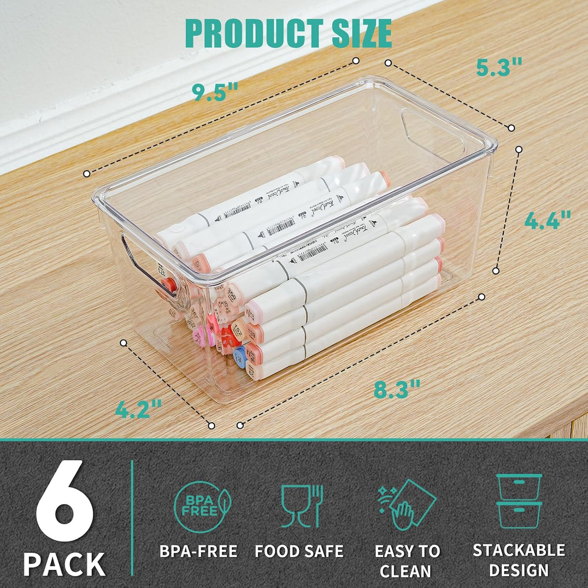 6 Pack Small Clear Storage Bins with Lids, Plastic Arts and Craft Storage Containers, Stackable Clear Plastic Craft Storage Bins with Handles for Classroom Storage Organization,Kitchen, Fridge, Office