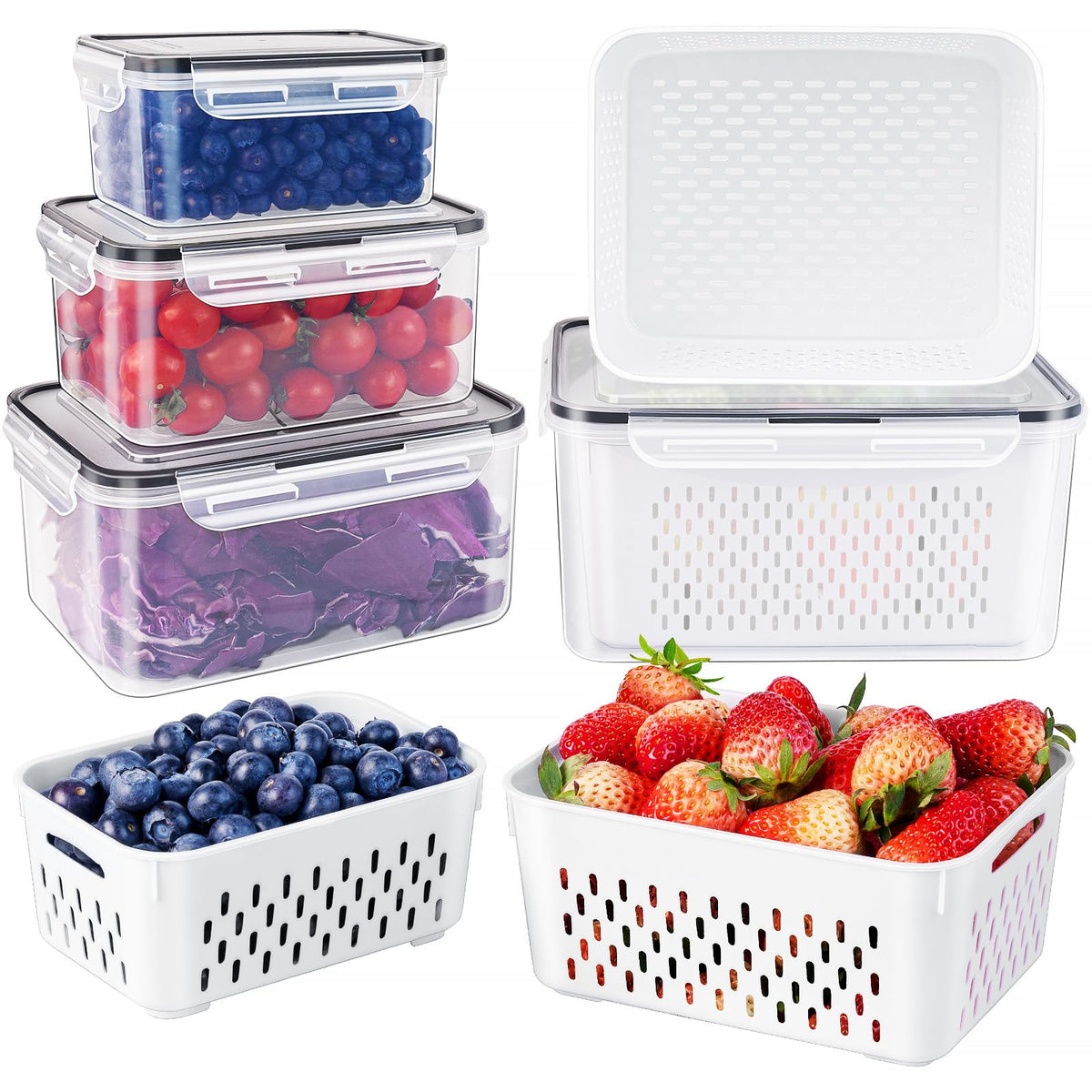 Freshmage Fruit Storage Containers for Fridge with Removable Colander 4 PCS
