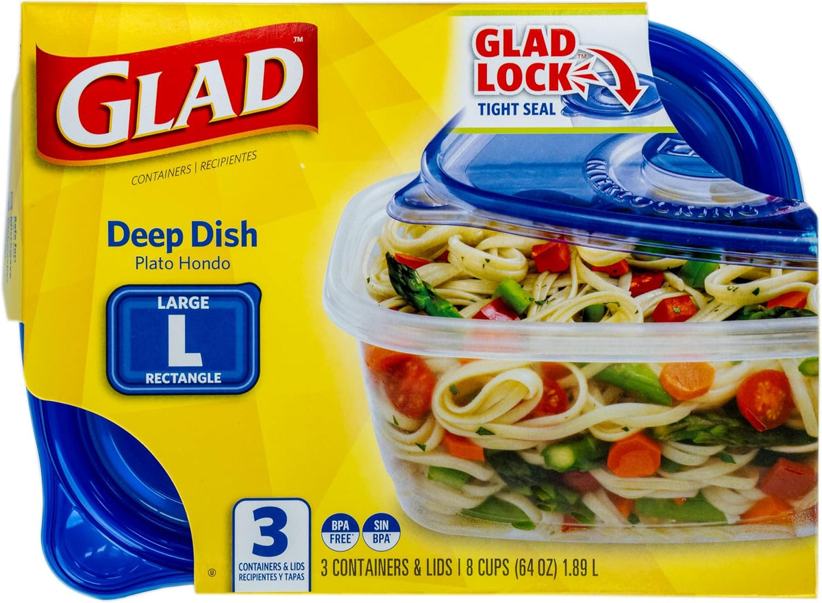 Glad GladWare Deep Dish Food Storage Containers, 64 Oz, 3 Count