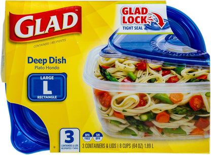 Glad GladWare Deep Dish Food Storage Containers, 64 Oz, 3 Count