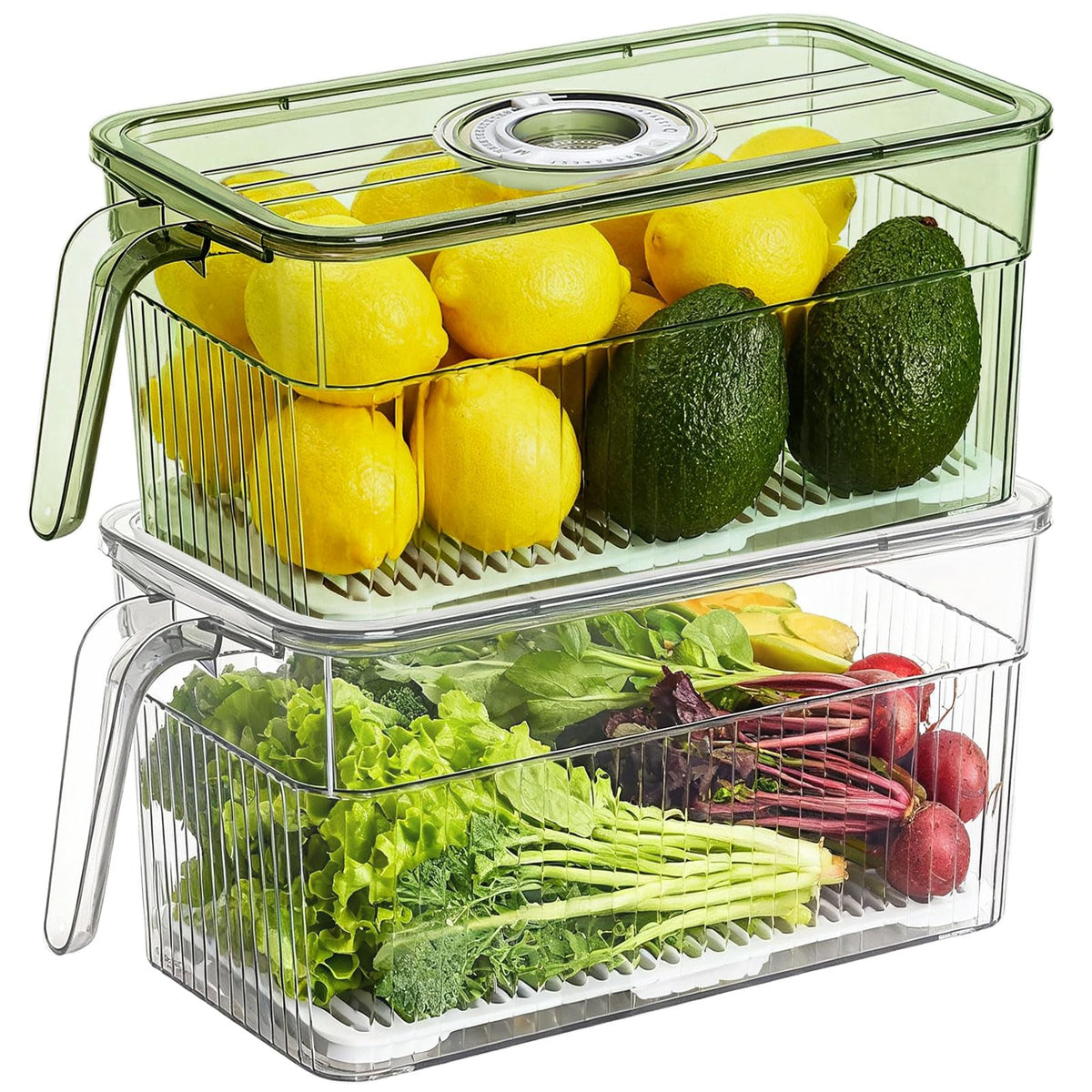 2Pack Stackable Food Storage Produce Saver Containers for Refrigerator, Berry Keeper Boxes for Fridge with Removable Drain Tray Keep Fresh for Vegetables/Fruit/Meat/Salad- 10.23'' x5.4'' x5.2''