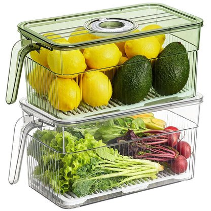 2Pack Stackable Food Storage Produce Saver Containers for Refrigerator, Berry Keeper Boxes for Fridge with Removable Drain Tray Keep Fresh for Vegetables/Fruit/Meat/Salad- 10.23'' x5.4'' x5.2''