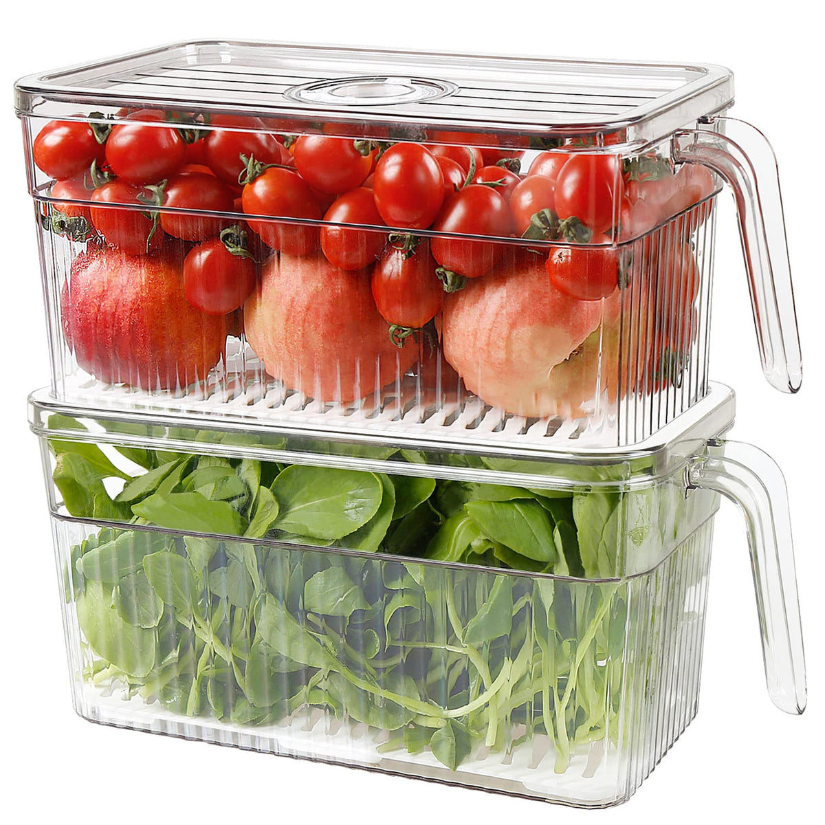 2Pack Stackable Food Storage Produce Saver Containers for Refrigerator, Berry Keeper Boxes for Fridge with Removable Drain Tray Keep Fresh for Vegetables/Fruit/Meat/Salad- 10.23'' x5.4'' x5.2''
