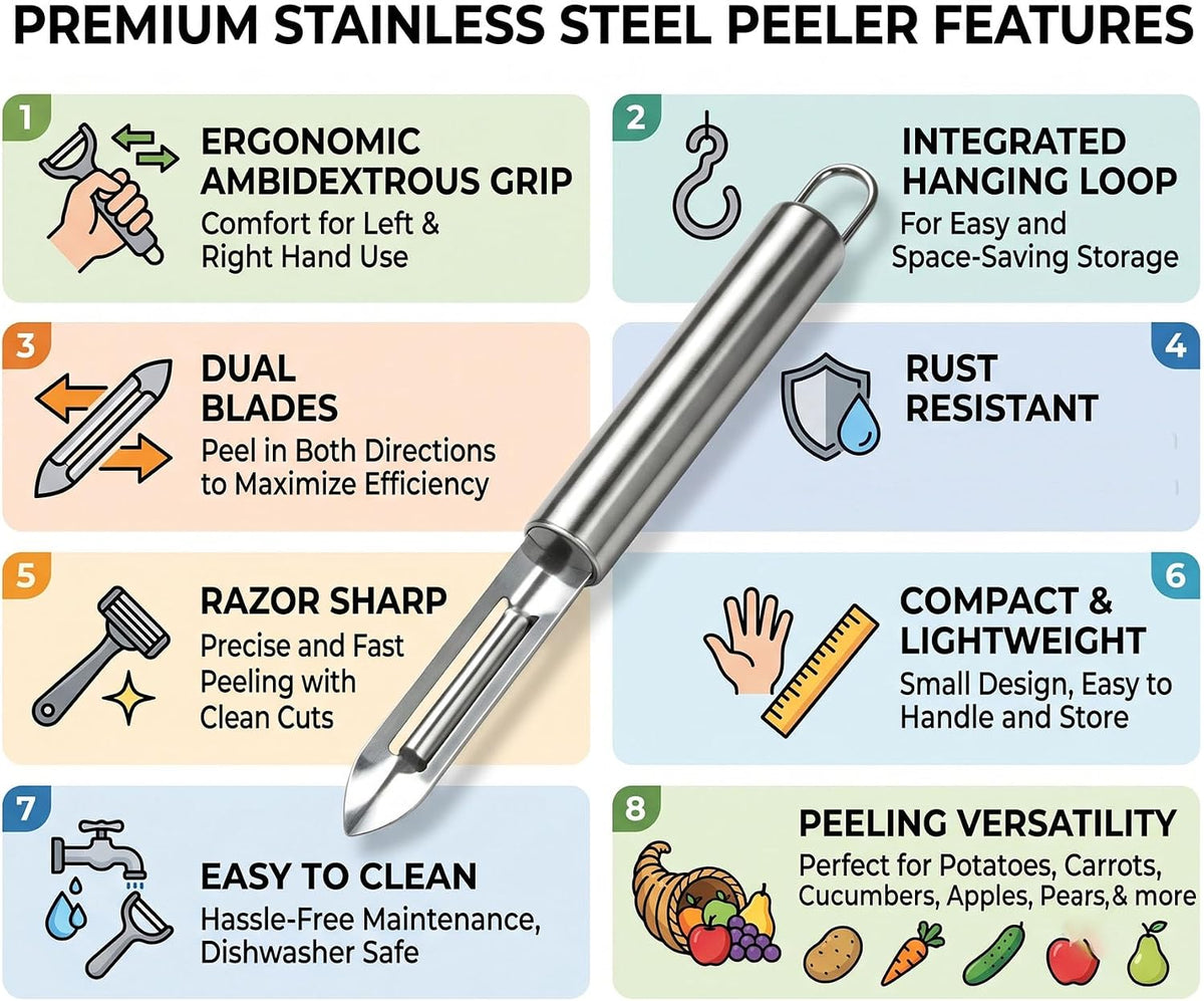 Stainless Steel Kitchen Peeler with Hook Sharp Blade Dual Handed