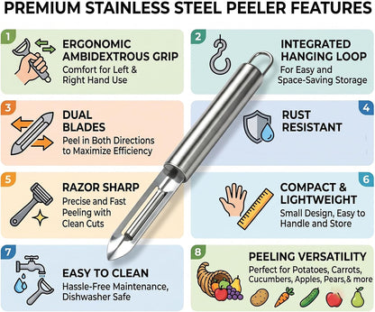 Stainless Steel Kitchen Peeler with Hook Sharp Blade Dual Handed
