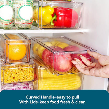 4 Piece Refrigerator Organizer Bins, Clear Fridge Organizers with Lids